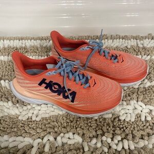 Hoka Coral and Blue Athletic Shoes